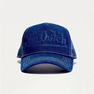 NEW Von Dutch Dark Denim Dark Stone Rinestone Denim Trucker Hat